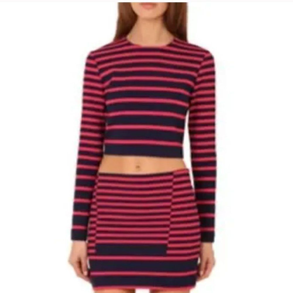 Thakoon Addition Striped Long Sleeve Crop Top Red Blue 2